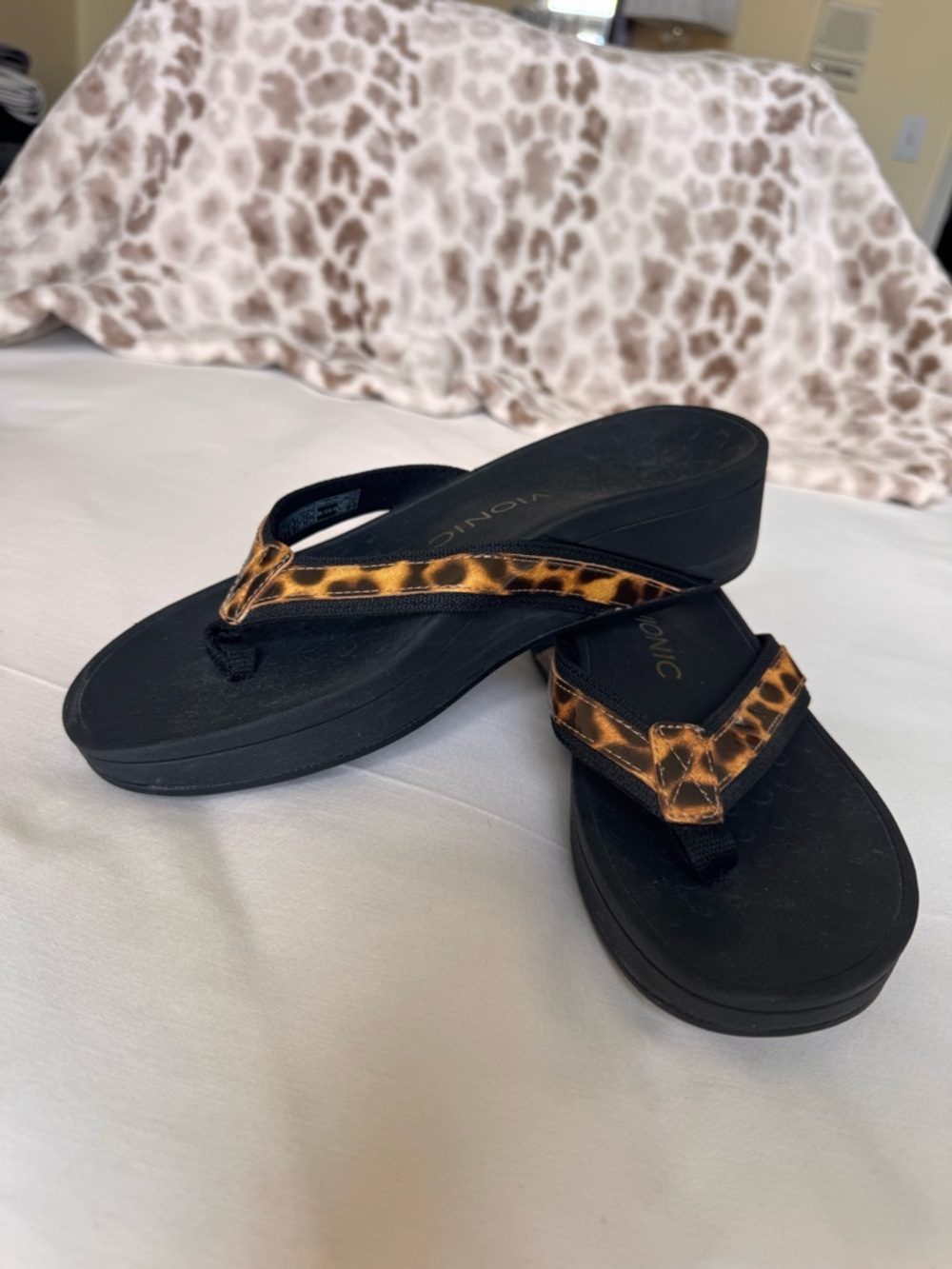 Vionic Black Wedge Sandals with Leopard-Print Straps